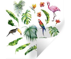 Stickers muraux - toucan et perroquet écarlate.fleur de Strelitzia reginae. Peint à la main. Bannière avec motif d'été tropical. Feuilles de palmier. - 50x50 cm - Repositionnable