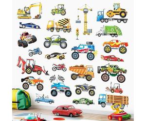 Stickers Muraux Voiture Enfant Autocollant Mural Construction Véhicules Camion Tracteur Voiture de Course Décoration STICKERS