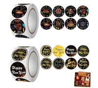 stickers Nouvel An autocollants décoratifs 1000 pièces 2 rouleaux étiquettes rondes 2,5 cm noir et or pour cartes cadeaux fêtes fin d’année emballages cadeaux