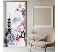 Stickers Porte 3D Fleurs De Cerisier Des Temples Japonais 83x204 cm Blanc Auto-adhésif Porte Autocollants Affiche pour Cuisine Chambre Salle de Bain, PVC Autocollants de Décoration pour Porte