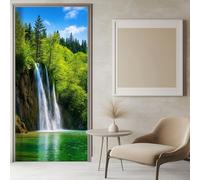 Stickers Porte 3D Nature Paysage Cascade 90x200 cm Bleu Auto-adhésif Porte Autocollants Affiche pour Cuisine Chambre Salle de Bain, PVC Autocollants de Décoration pour Porte