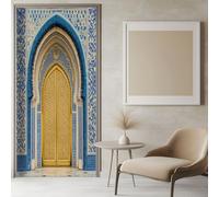 Stickers Porte 3D Porte Dorée De Style Marocain 77x200 cm Bleu Auto-adhésif Porte Autocollants Affiche pour Cuisine Chambre Salle de Bain, PVC Autocollants de Décoration pour Porte