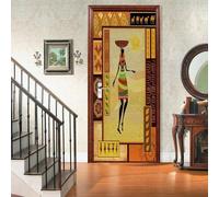 Stickers Porte Femme Africaine Poster Porte Trompe L'oeil, Effect 3D Style Africain Autocollant, Auto-Adhésif Papier Peint Mural Chambre Salon Mur Décoration Art Sticker Muraux 80x200 cm m8814
