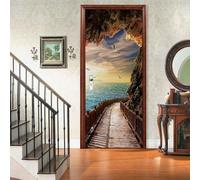 Stickers Porte Rochers de Paysage Marin Poster Porte Trompe L'oeil, Effect 3D Océan Montagne Autocollant, Auto-Adhésif Papier Peint Mural Chambre Salon Mur Art Sticker Muraux 80x200 cm m10863
