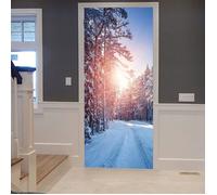 Stickers Porte Trompe L'oeil Vue Arborescente Poster Pour Porte Scène de Neige en Hiver Papier Peint Autocollant Porte 77x200 cm