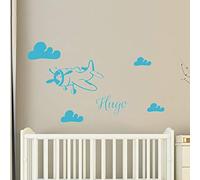 Stickers Prénom Personnalisé | Sticker Autocollant Avion dans les Nuages - Décoration Murale Chambre Enfant | 2 Planches de 35 x 25 cm et 40 x 25 cm - Bleu Ciel