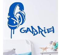 Stickers Prénom personnalisé | Sticker Autocollant Casque de Musique Graffiti - Décoration Murale Chambre Enfant | 2 Planches de 25 x 10 cm et 50 x 30 cm - Bleu Marine