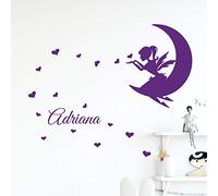 Stickers Prénom Personnalisé | Sticker Autocollant Fée sur la Lune - Décoration Murale Chambre Enfant | 2 Planches de 30 x 20 cm et 60 x 25 cm - Violet, Modèle 1