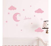 Stickers Prénom Personnalisé | Sticker Autocollant Lune et Nuages - Décoration Murale Chambre Enfant | 2 Planches de 25 x 30 cm et 40 x 30 cm - Stickers personnalisable prenom Rose Poudre
