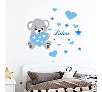 Stickers Prénom Personnalisé | Sticker Autocollant Ourson - Décoration Murale Chambre Enfant | 2 Planches de 30 x 35 cm et 50 x 30 cm - Nuance de Bleu
