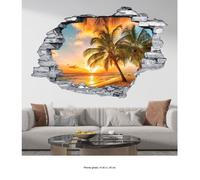 Stickers Trompe l'oeil trou dans le mur - Lumaléa - Plage Palmiers - Pierres grises - Hauteur 30 x Largeur 45 cm