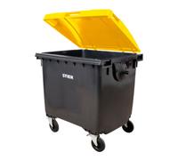 STIER Conteneur à déchets à 4 roues STIER, 1 100 l, gris/jaune, couvercle plat, lxPxH 1 372x1 065x1 315 mm Quantité:1