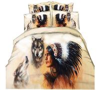 Stillshine Parure de lit 220x240 Adulte 2 Personnes Housse de Couette 3D Impression Indien Loup Gens Literie Microfibre Double Housse de Couette avec 2 Taie d'oreiller