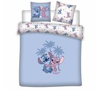 Stitch Angel Besties Housse de Couette 240x220 + 2 Taies 65x65 Bleu Cadeau | Parure de lit 2 personnes réversible | Polycoton séchage rapide | Disney | Design tropical | Cadeau adulte | Idée cadeau