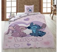 Stitch Angel Love Housse de Couette 140x200 + Taie 65x65 Rose Violet Disney | Parure de lit réversible 1 personne | Coton & polyester séchage rapide | Lilo & Stitch | Cadeau ado | Lavable en machine