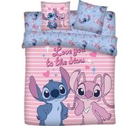 Stitch & Angel Parure de Lit 4 Pièces 240x220 + Drap-Housse 140x200 Love | Housse de couette polycoton Oeko-Tex | 2 taies 65x65 incluses | Love You to the Stars | Licence Disney | Adulte | Réversible