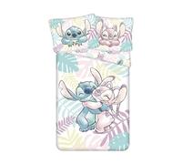 Stitch et Angel Feuilles Housse de Couette 140x200 + Taie 70x90 Coton Fille | Parure de lit réversible 1 personne | Coton naturel respirant Oeko-Tex | Disney Lilo & Stitch | Ado | Cadeau | Idée cadeau