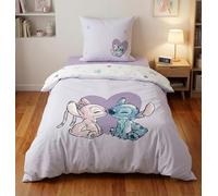 Stitch et Angel Heart Housse de Couette 140x200 + Taie 65x65 Coton | Parure de lit réversible 1 personne | Coton naturel respirant Oeko-Tex | Disney Lilo & Stitch | Ado | Cadeau | Idée cadeau