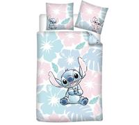 Stitch Flowers Housse de Couette 140x200 + Taie 65x65 Polycoton Boutons | Parure de lit réversible 1 personne | Polycoton séchage rapide Oeko-Tex | Disney | Fermeture boutons | Cadeau