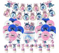 Stitch Fournitures pour fêtes d’anniversaire, bannière de joyeux anniversaire, ballons, décorations de gâteaux