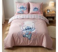 Parure de Lit Double Stitch Rose 2 Personnes, 100% Coton, Housse de Couette 240x220 cm + 2 Taies d'Oreiller 65x65 cm, Design Aloha Disney Officiel
