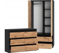 STIV Möbel | Armoire + commode Noir Mat/Dub Wotan | 2 portes & 8 tiroirs | Ensemble de chambre à coucher