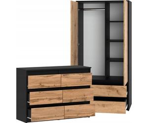STIV Möbel | Armoire + commode Noir Mat/Dub Wotan | 2 portes & 8 tiroirs | Ensemble de chambre à coucher