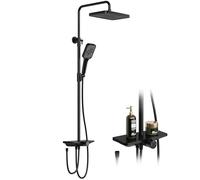 STMHOM Colonne de Douche Effet Pluie XXL 30x20,5 cm en Inox avec Étagère et Hauteur Réglable - Sans Mitigeur, Tube Rond - Noir