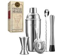 STNTUS Lot de 5 Shakers à Cocktail Professionnels en Acier Inoxydable 750 ML avec Passoire, Verre Doseur, Cuillère de Bar, Pilon, Mélangeur