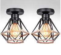 STOEX lot de 2 plafonnier industriel design rétro, éclairage de plafond en métal corde de chanvre, lampe cage chambre vintage lustre noir Ø160mm, noir