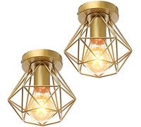 STOEX Plafonnier industrielle cage en métal fer forge, retro suspension luminaire lustre style vintage lampe de plafond, E27 base Ø16cm (Lot de 2 Doré)