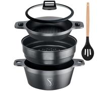 Stone&Stone Set cuisinière à vapeur à induction 24 cm | cuiseur à vapeur de cuisine + grill + cuiseur à vapeur pour aliments à 3 niveaux empilés + couvercle en verre trempé + cuillère, S&S RS1003