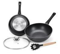 Stone&Stone Wok Poêle à Frire 30CM Professionnel adaptée à induction Gas | Super antiadhésive allemand Résistante à la corrosion Anti-rayures en aluminium et acier Cuisson saine Sans PFOA + Couvercle