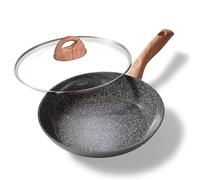 STONELINE CERAMIC Grande poêle en céramique avec couvercle, 28 cm, compatible induction, antiadhésive avec particules de pierre, sans PFAS, tous feux dont four, poignée effet bois