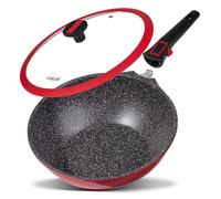 STONELINE Imagination PLUS Poêle Wok 30 cm, avec Poignée Amovible et Couvercle en Verre, Revêtement Antiadhésif avec de vraies particules de pierre, Rouge