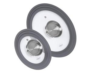 STONELINE Lot de 2 Couvercles en Verre Multifonctions pour 16/18/20 cm et 24/26/28 cm, Set de 2 avec Bord en Silicone et Fonction Aromatique, Gain de Place, 6 Tailles, Couvercle Universel