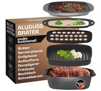 STONELINE Set 5 pièces Cocotte Fonte d’Aluminium 39x22 cm, 5,6 L, Casserole multifonctions pour rôtir cuire four vapeur, tous feux dont induction, Antiadhésif avec de vraies particules de pierre, Gris