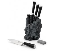 STONELINE Set de 5 Couteaux en Acier Inoxydable avec Bloc à Couteaux Magnétique, Pierre à Aiguiser Incluse, Manche Noir