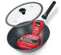 STONELINE SMART Poêle Wok de 30 cm, 4,8 L Poêle à Servir Grande poêle induction avec couvercle en fonte d'aluminium, poignée amovible, Tous feux, antiadhésif avec vraies particules de pierre, Gris