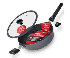 STONELINE SMART Sauteuse 28 cm, 4 L Poêle à servir Grande poêle avec couvercle, poignée amovible, poêle en fonte d'aluminium induction, Tous feux, antiadhésive avec vraies particules de pierre, gris