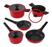 STONELINE SMART Set de poêles et faitouts 8 pièces, en fonte d'aluminium avec couvercle, Poignée amovible, Casserole Poêle Induction, Tous feux, Antiadhésif avec vraies particules de pierre, Rouge