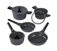 STONELINE SMART Set de poêles et faitouts 8 pièces, en fonte d'aluminium avec couvercle, Poignée amovible, Casserole Poêle Induction, Tous feux, Antiadhésif avec vraies particules de pierre, Gris