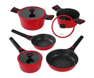 STONELINE SMART Set de poêles et faitouts 8 pièces, en fonte d'aluminium avec couvercle, Poignée amovible, Casserole Poêle Induction, Tous feux, Antiadhésif avec vraies particules de pierre, Rouge