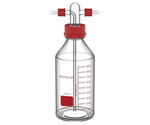 stonylab Bouteille de Lavage de Gaz en Verre Borosilicaté avec Bouchon à Vis GL45, Bouchon PP et Joint Silicone, Raccord Tuyau 8 mm pour Stockage et Distribution en Laboratoire, 1000 ml