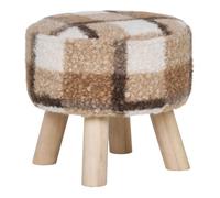 STOOL - Tabouret Bas Tissu Bouclé Imprimé Ecossais Pieds en Pin Naturel