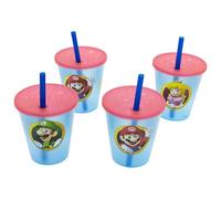 STOR Set de 4 Gobelets Enfant avec Paille Super Mario Bros 285ml Réutilisables Plastique PP Sans BPA Fête