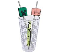 STOR Set Verre avec Pailles en Acier Inoxydable Minecraft 480ml - Sans BPA, Parfait pour Boissons Froides et Chaudes