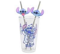 STOR Set Verre avec Pailles en Acier Inoxydable Stitch 480ml - Sans BPA, Parfait pour Boissons Froides et Chaudes