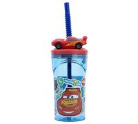 STOR Verre Enfant avec Paille et Couvercle Cars, Figurine 3D, 360 ml, Plastique Réutilisable, Sans BPA, Idéal pour Garçons et Filles