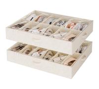 StorageWorks Organisateur de chaussures sous lit, Conteneur à chaussures ajustable avec séparateurs pour 24 paires, Boîte de rangement sous lit avec couvercle, Beige (coton-lin), Lot de 2